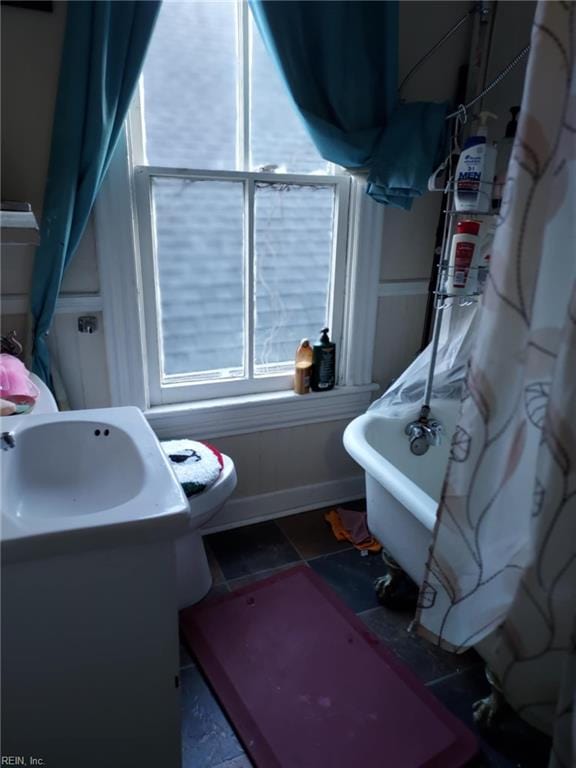 bathroom with vanity and a freestanding tub