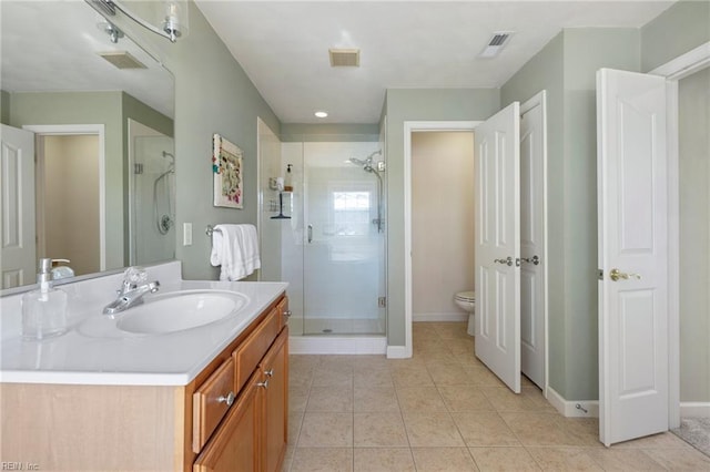 full bathroom with visible vents, a shower stall, and toilet