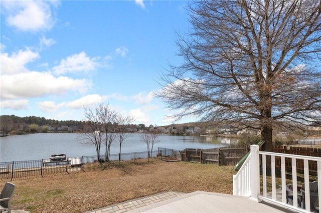 property view of water with a fenced backyard