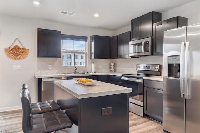 kitchen with visible vents, a kitchen bar, light countertops, stainless steel appliances, and a sink