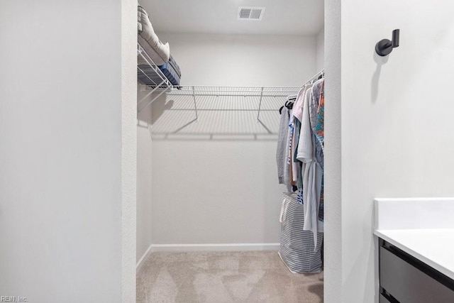 spacious closet featuring visible vents and carpet floors