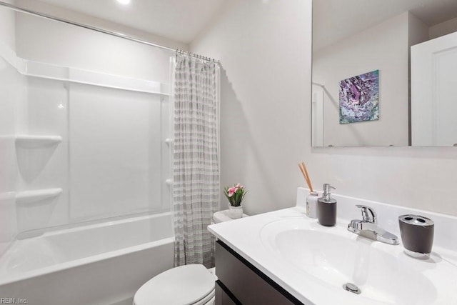 full bath with vanity, toilet, and shower / tub combo with curtain