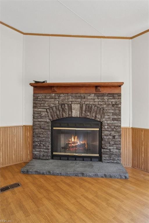 details featuring a stone fireplace, wood finished floors, and wainscoting