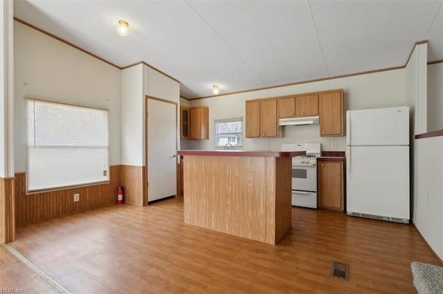 kitchen featuring under cabinet range hood, a wainscoted wall, white appliances, and wood finished floors