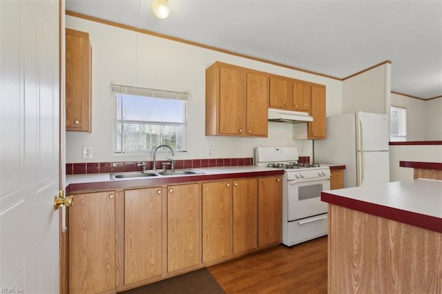 kitchen with under cabinet range hood, ornamental molding, wood finished floors, white appliances, and a sink