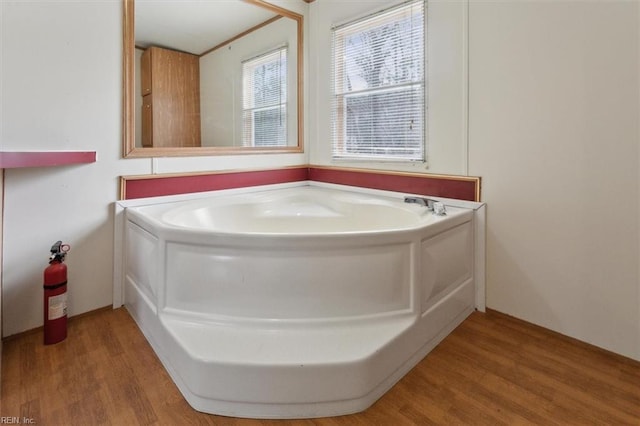 bathroom with a garden tub and wood finished floors