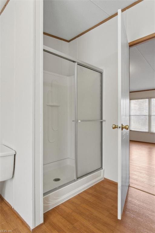 full bath featuring a shower with shower door and wood finished floors