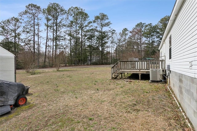 view of yard with a wooden deck and cooling unit