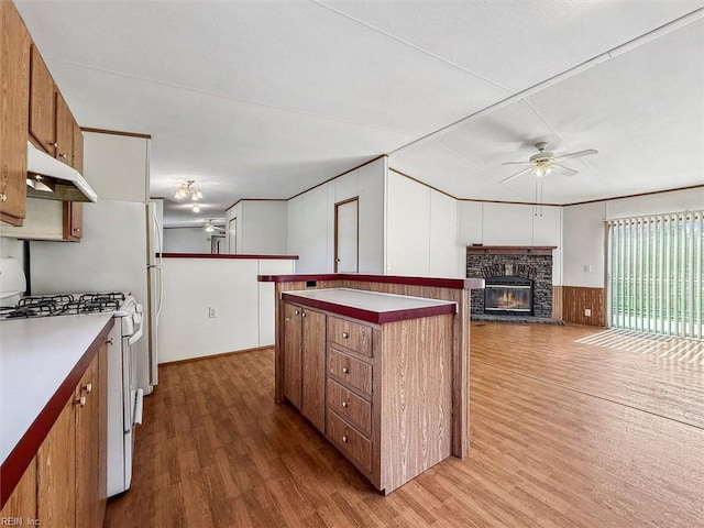 kitchen featuring under cabinet range hood, white appliances, wood finished floors, and ceiling fan