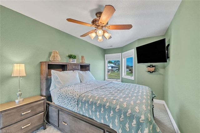 bedroom with baseboards, carpet floors, and ceiling fan