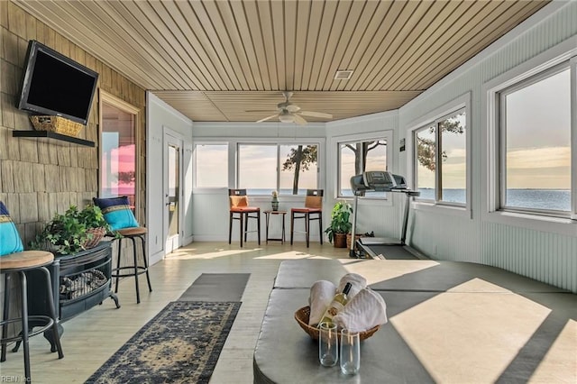 sunroom with wood ceiling and ceiling fan