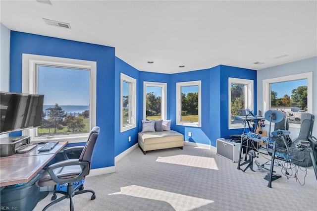 carpeted home office featuring visible vents and baseboards