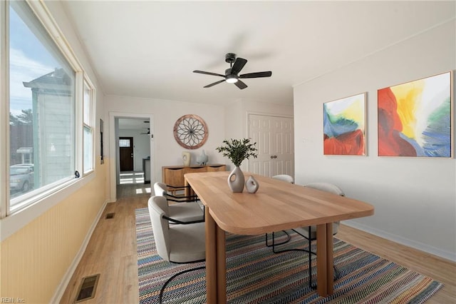 dining space featuring baseboards, visible vents, light wood finished floors, and ceiling fan