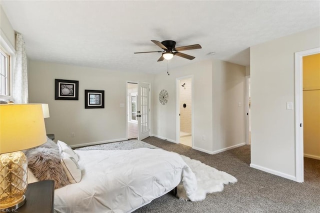 bedroom with carpet flooring, a ceiling fan, baseboards, and french doors