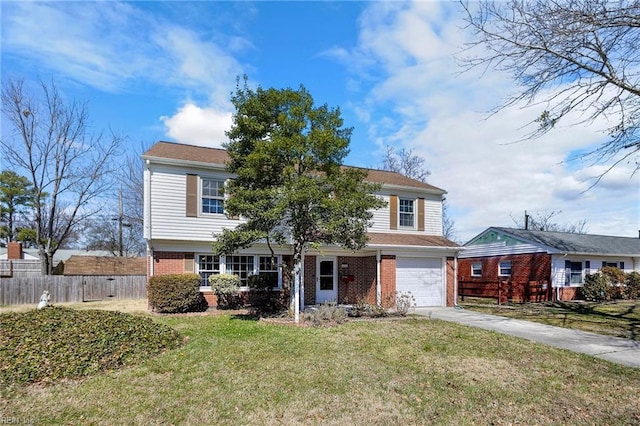 view of front facade featuring brick siding, a front lawn, fence, concrete driveway, and a garage