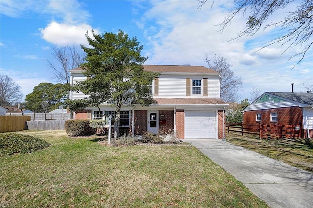 traditional home featuring concrete driveway, an attached garage, fence, and brick siding