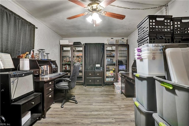 office area with ceiling fan, ornamental molding, a textured wall, and wood finished floors