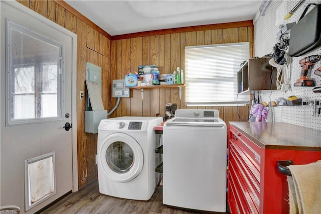 laundry area with a wealth of natural light, wooden walls, laundry area, and washer and clothes dryer