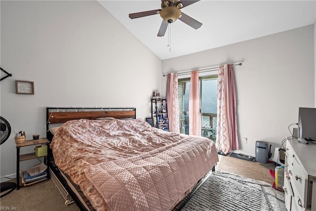 bedroom featuring carpet flooring, baseboards, lofted ceiling, and a ceiling fan