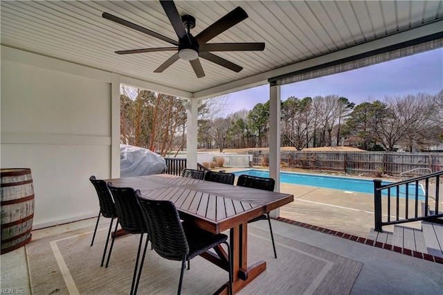 view of patio / terrace with a ceiling fan, a fenced in pool, a fenced backyard, and grilling area