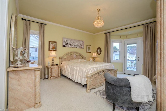 bedroom with access to exterior and crown molding