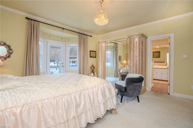 carpeted bedroom with connected bathroom, crown molding, baseboards, and access to outside