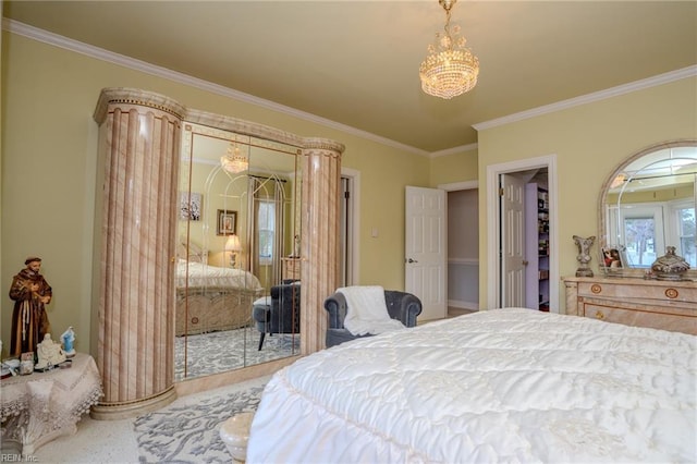 carpeted bedroom featuring a closet and crown molding