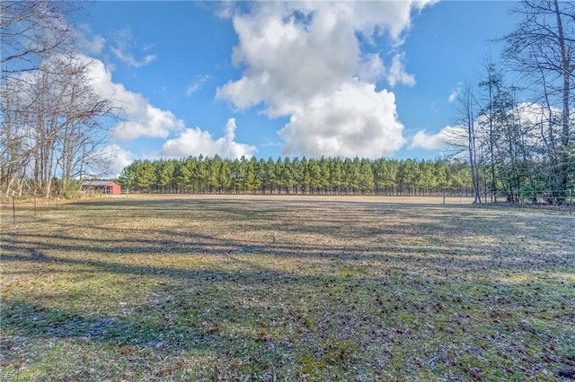 view of yard featuring a rural view and a wooded view