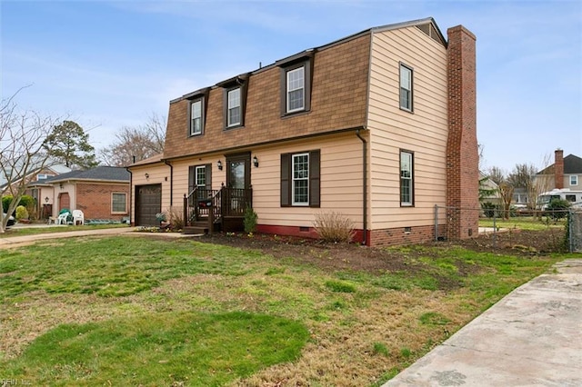 view of front of property with a front lawn, fence, roof with shingles, crawl space, and a chimney