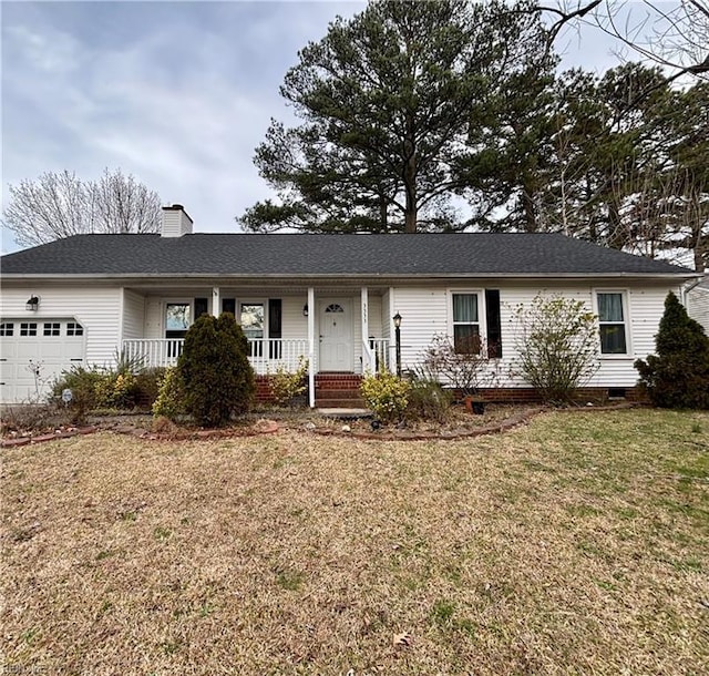 single story home with a front yard, a porch, an attached garage, a chimney, and crawl space