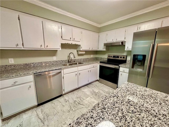 kitchen with under cabinet range hood, marble finish floor, appliances with stainless steel finishes, and a sink