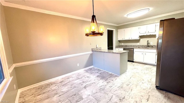 kitchen featuring ornamental molding, a sink, white cabinets, appliances with stainless steel finishes, and marble finish floor