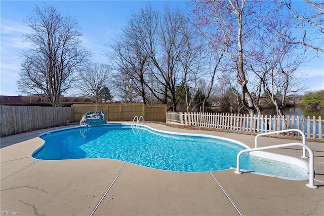 view of swimming pool with a patio, a fenced backyard, and a fenced in pool