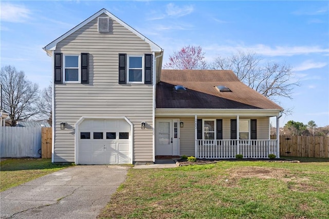 traditional-style home with a front yard, a garage, fence, and covered porch