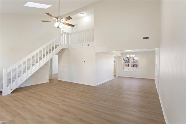 unfurnished living room featuring ceiling fan with notable chandelier, a skylight, wood finished floors, and visible vents