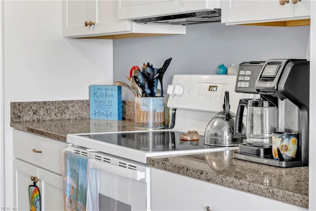 kitchen featuring white electric range, under cabinet range hood, and white cabinets