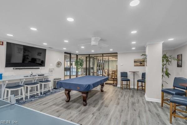 playroom featuring recessed lighting, pool table, wood finished floors, and crown molding