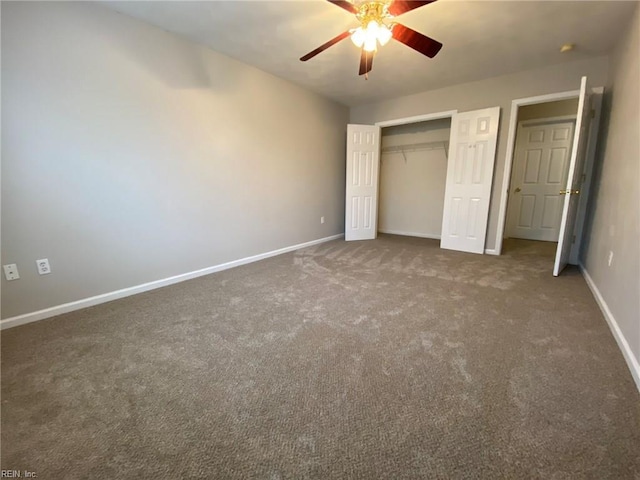 unfurnished bedroom featuring a ceiling fan, carpet, baseboards, and a closet