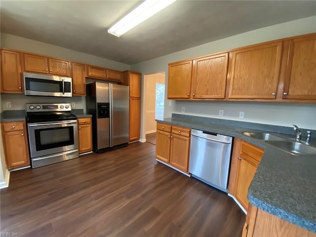 kitchen featuring a sink, dark countertops, appliances with stainless steel finishes, and dark wood finished floors