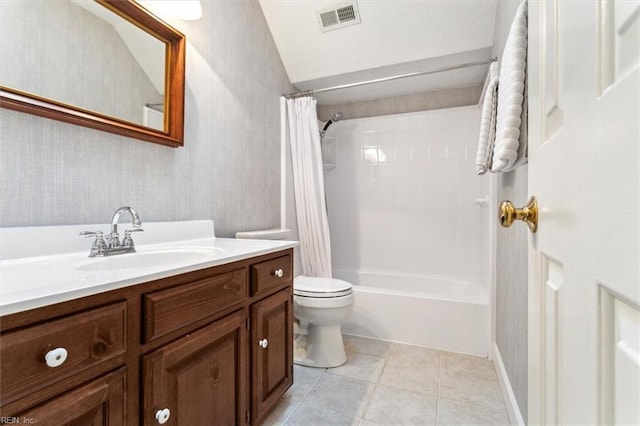 full bath with tile patterned flooring, visible vents, toilet, shower / tub combo with curtain, and vanity