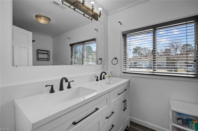 bathroom featuring a sink, visible vents, ornamental molding, and double vanity