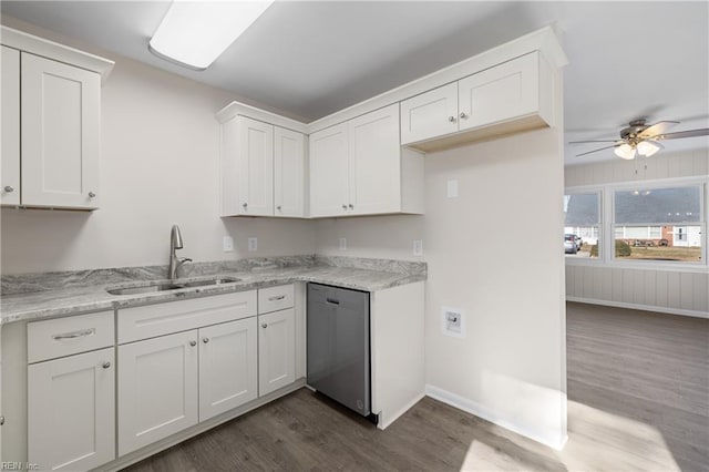 kitchen featuring dishwasher, white cabinetry, dark wood-type flooring, and a sink