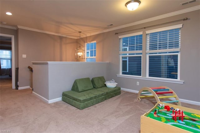 rec room with visible vents, ornamental molding, recessed lighting, carpet flooring, and baseboards