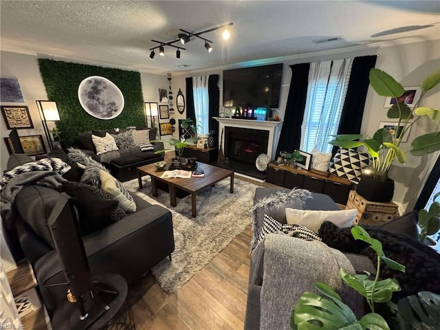 living room featuring visible vents, a fireplace with raised hearth, ornamental molding, wood finished floors, and a textured ceiling