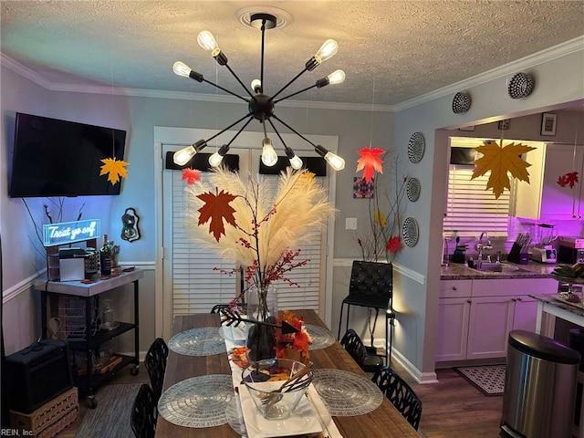 dining area with dark wood finished floors, crown molding, and a textured ceiling