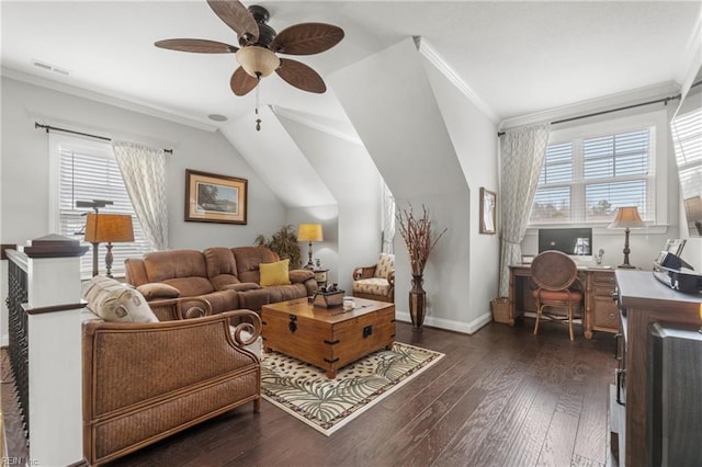 living room featuring a ceiling fan, baseboards, dark wood-style floors, visible vents, and ornamental molding