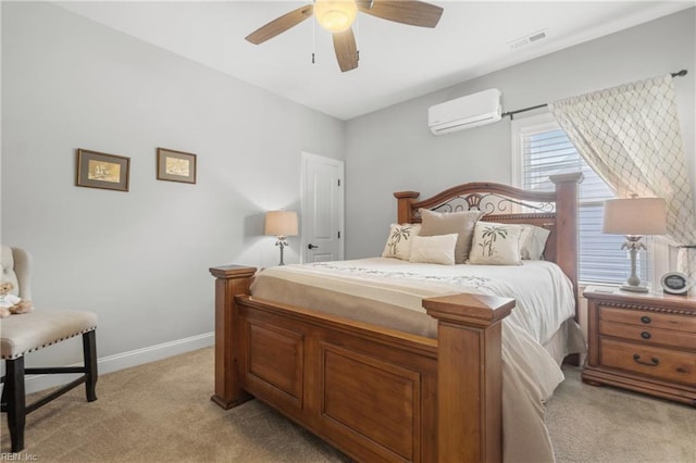 bedroom with baseboards, visible vents, a wall mounted AC, ceiling fan, and light colored carpet