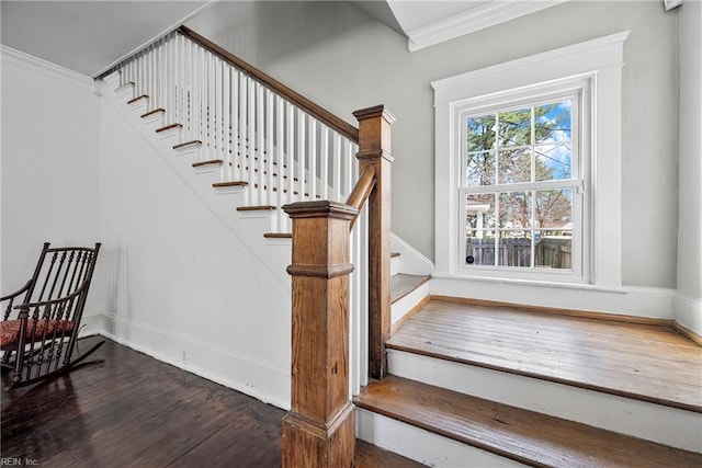 staircase with wood finished floors and ornamental molding