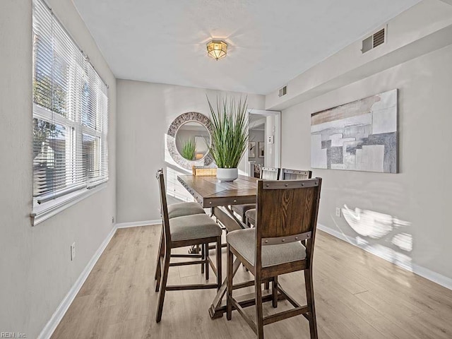 dining room featuring light wood-style floors, visible vents, and baseboards