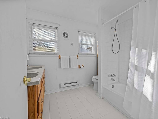 full bathroom featuring vanity, visible vents, shower / bath combination with curtain, a baseboard heating unit, and toilet